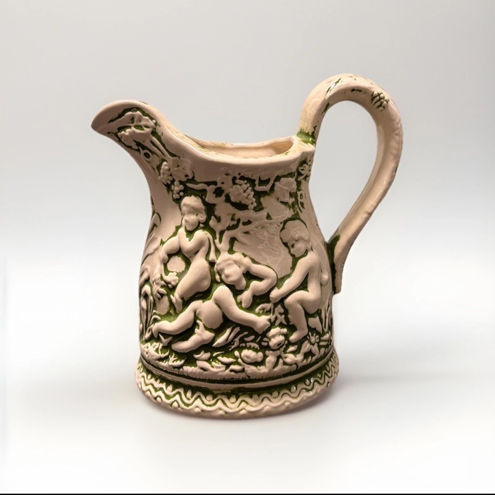 Vintage 1976 Handcrafted Ceramic Pitcher Vase | Cherubs | Folk Art